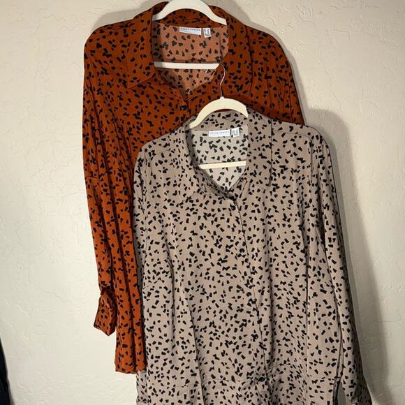 Susan Graver Printed Stretch Peachskin Peplum Big Shirt button front tunic - Picture 1 of 12